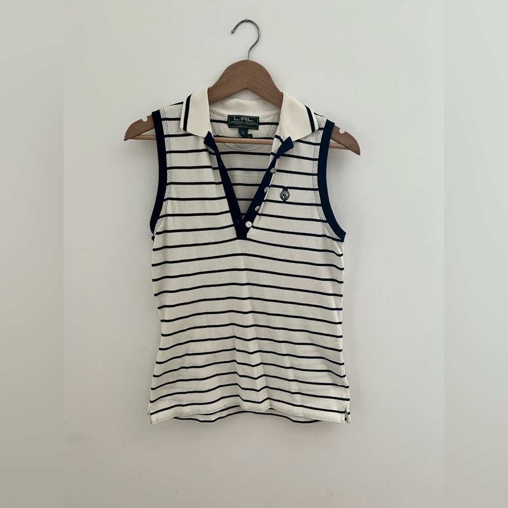 Ralph Lauren Cream & Navy Striped Sleeveless Polo Tank Top